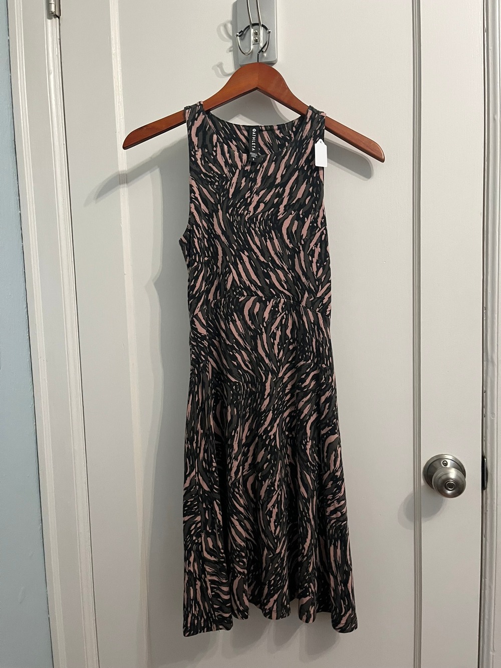 Athleta Santorini High Neck Dress Mauve Black Olive Abstract Animal Print S